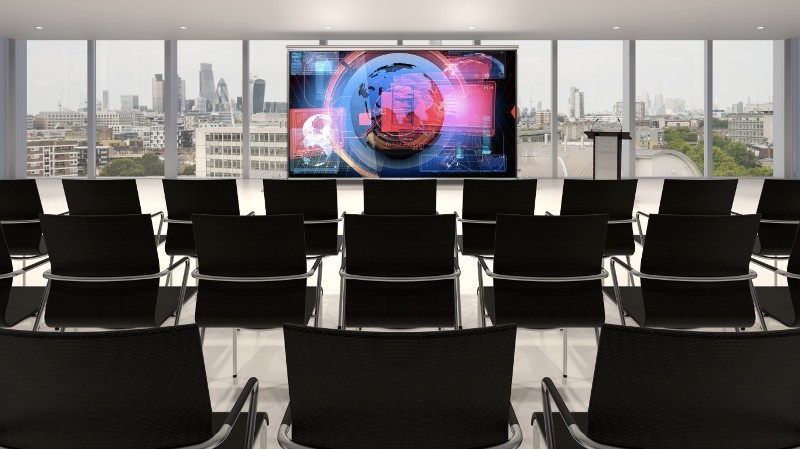 空蕩蕩的會議廳，配有講台和演示屏幕3D渲染